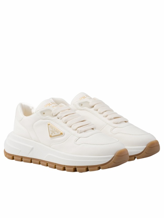 Prada Shoes - Prada Cream Leather-Trim Sneakers with Gum-Tone Sole